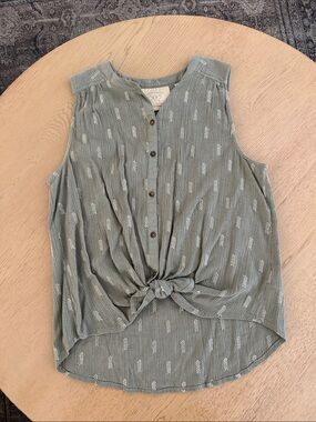 ANTHROPOLOGIE Sleeveless Sage Button Down Embroidered Arrow Tank Top US 6